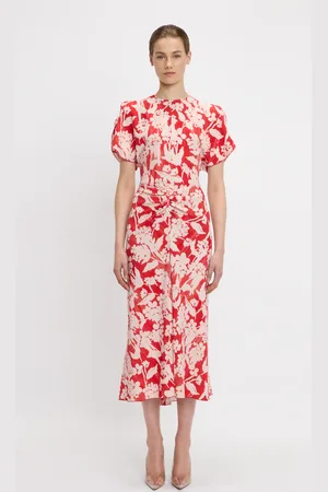 Victoria Beckham Gathered Waist Midi Dress In Chilli-Blush 6