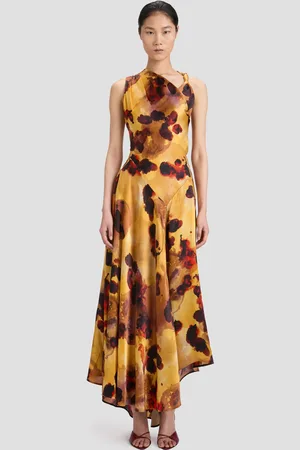 Victoria Beckham Sleeveless Draped Midi Dress In Amber Floral Print 10