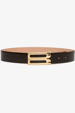 Victoria Beckham Jumbo Frame Belt In Chocolate Croc Embossed Leather 90CM