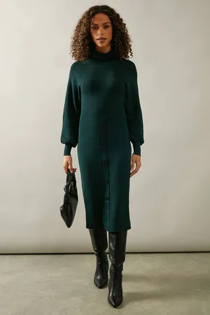 wallis Womens Tipped Button Skirt Roll Neck Midi Jumper Dress