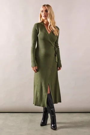 wallis Womens Petite Wrap Belted Knitted Midi Dress