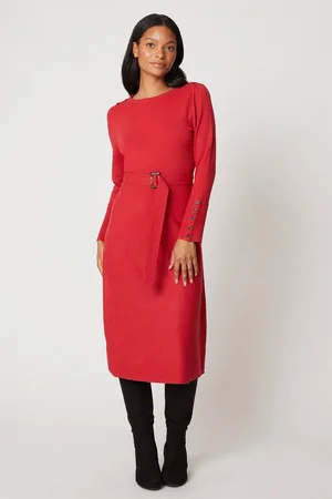 wallis Womens Petite Slash Neck Belted Knitted Dress