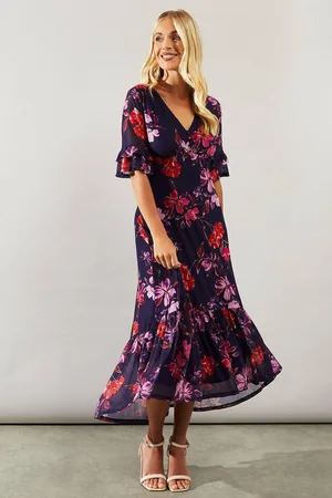 wallis Womens Petite Floral Mesh Ruffle Sleeve Midaxi Dress