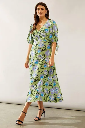wallis Womens Floral Print Ruched Detail Puff Sleeve Midi Dress