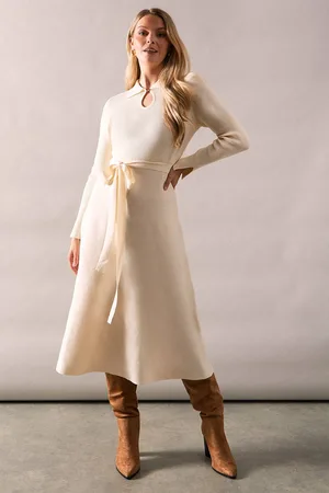 wallis Womens Keyhole Collared Belted Knitted Midi Dress