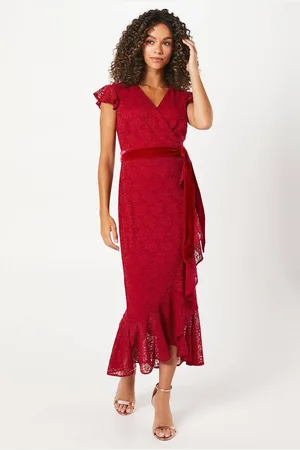 wallis Womens Occasion Lace Ruffle Wrap Velvet Belt Midaxi Dress