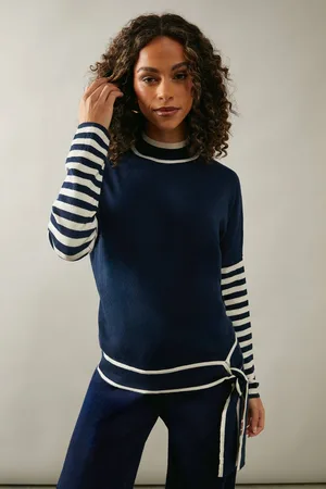 wallis Womens Stripe Sleeve Tie Waist High Neck Jumper
