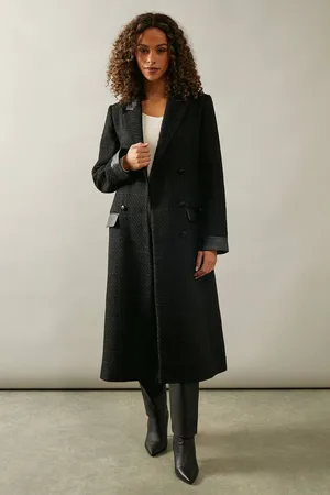 wallis Womens Faux Leather Detail Wool Belted Coat