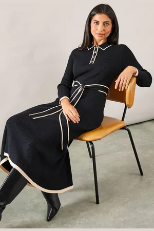 wallis Womens Tipped Belted Knitted Midi Dress