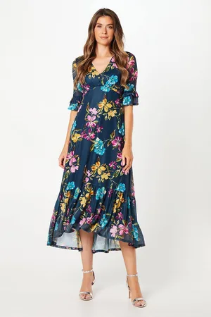 wallis Womens Floral Mesh Ruffle Sleeve Midaxi Dress