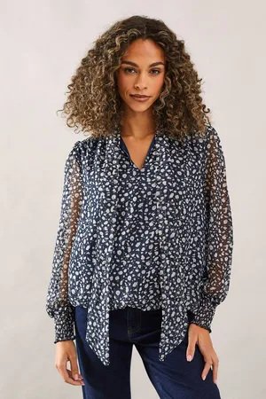 wallis Womens Floral Tie Neck Shirred Blouse