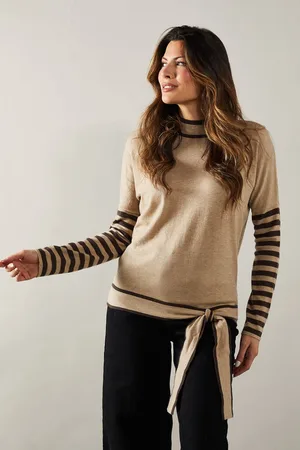 wallis Womens Stripe Sleeve Tie Waist High Neck Jumper