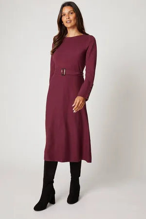wallis Womens Slash Neck Button Detail Belted Knitted Dress
