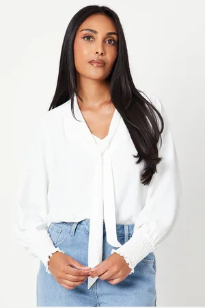 wallis Womens Petite Tie Neck Shirred Cuff Top