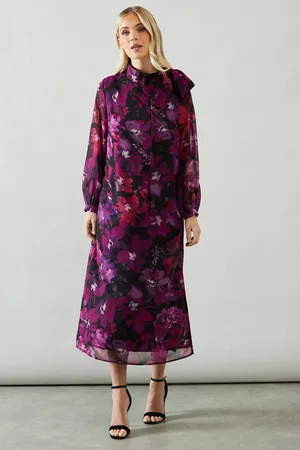 wallis Womens Petite Floral Print Tie Neck Georgette Midi Dress
