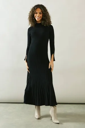 wallis Womens Button Cuff Detail High Neck Pleated Knitted Midaxi Dress