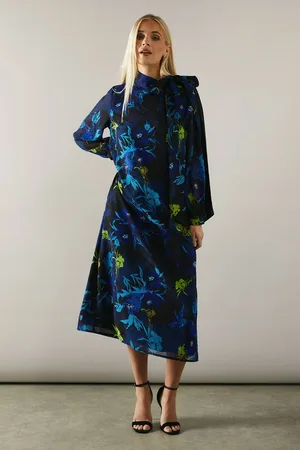 wallis Womens Petite Floral Print Tie Neck Georgette Midi Dress