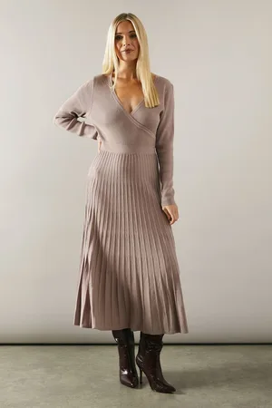 wallis Womens Petite Pleated Skirt Wrap Detail Knitted Midi Dress
