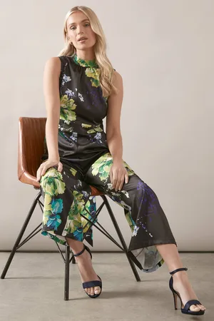 wallis Womens Petite Floral Printed Satin Belted Jumpsuit