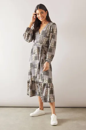 wallis Womens Abstract Jersey Long Sleeve Belted Midi Dress