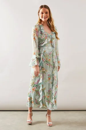 wallis Womens Floral Ruffle Belted Midaxi Dress