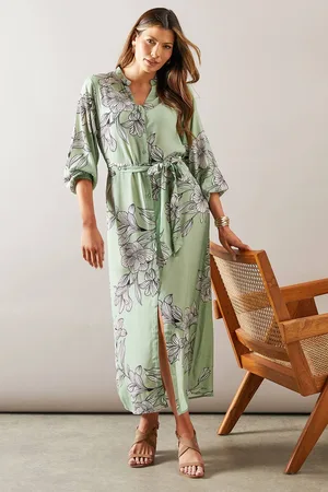 wallis Womens Sage Floral High - Low Hem Button Through Dress