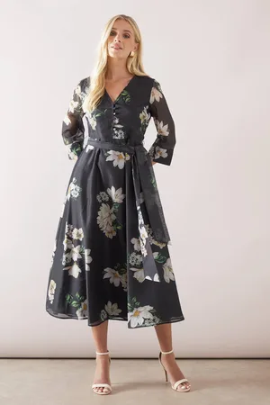 wallis Womens Petite Organza Floral Belted Midaxi Dress