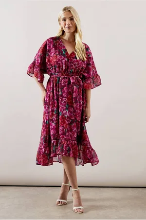 wallis Womens Petite Floral Drop Hem Frill Midi Dress