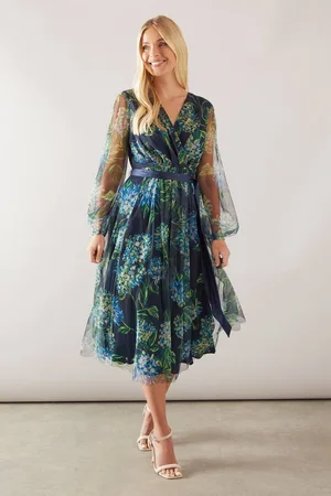 wallis Womens Petite Floral Mesh Satin Tie Midi Dress