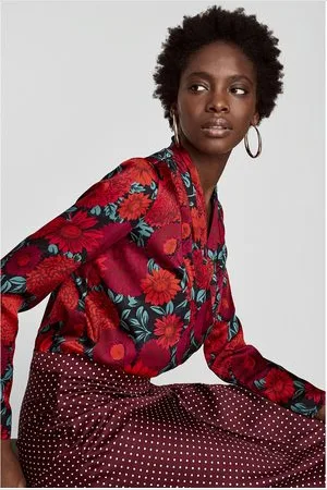 Zara Red Floral Print Crossover Ruffle Bodysuit