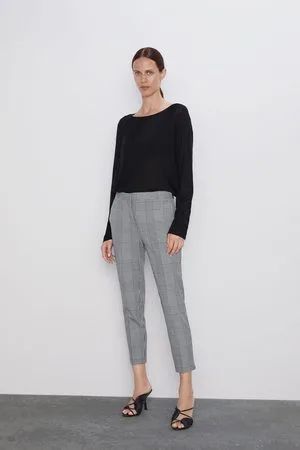 ZARA Women's Grey Check Jogger Waist Trousers Elasticated Waist UK